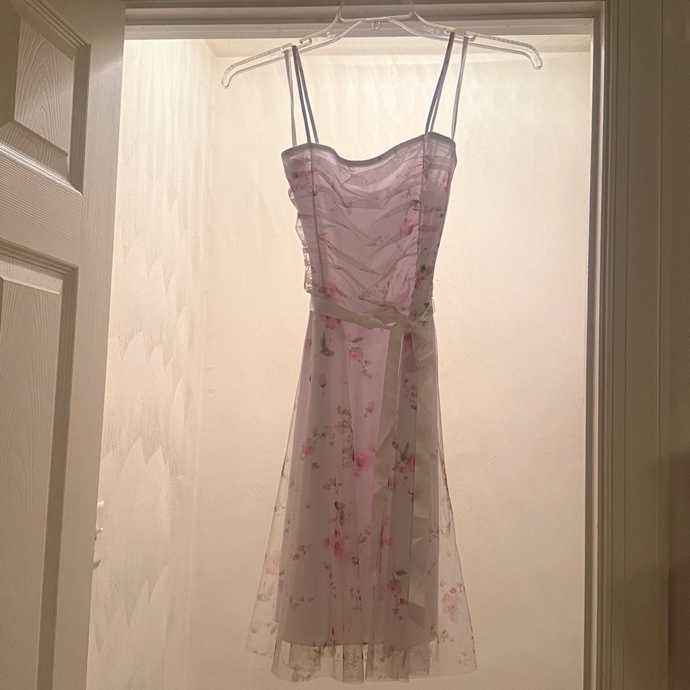 Taboo Ruched Tiered White and Pink Sundress